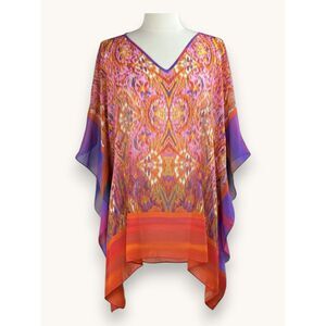 Susan Graver Sheer Blouse Cold Shoulder Colorful Print Flowy Resort Wear Size S